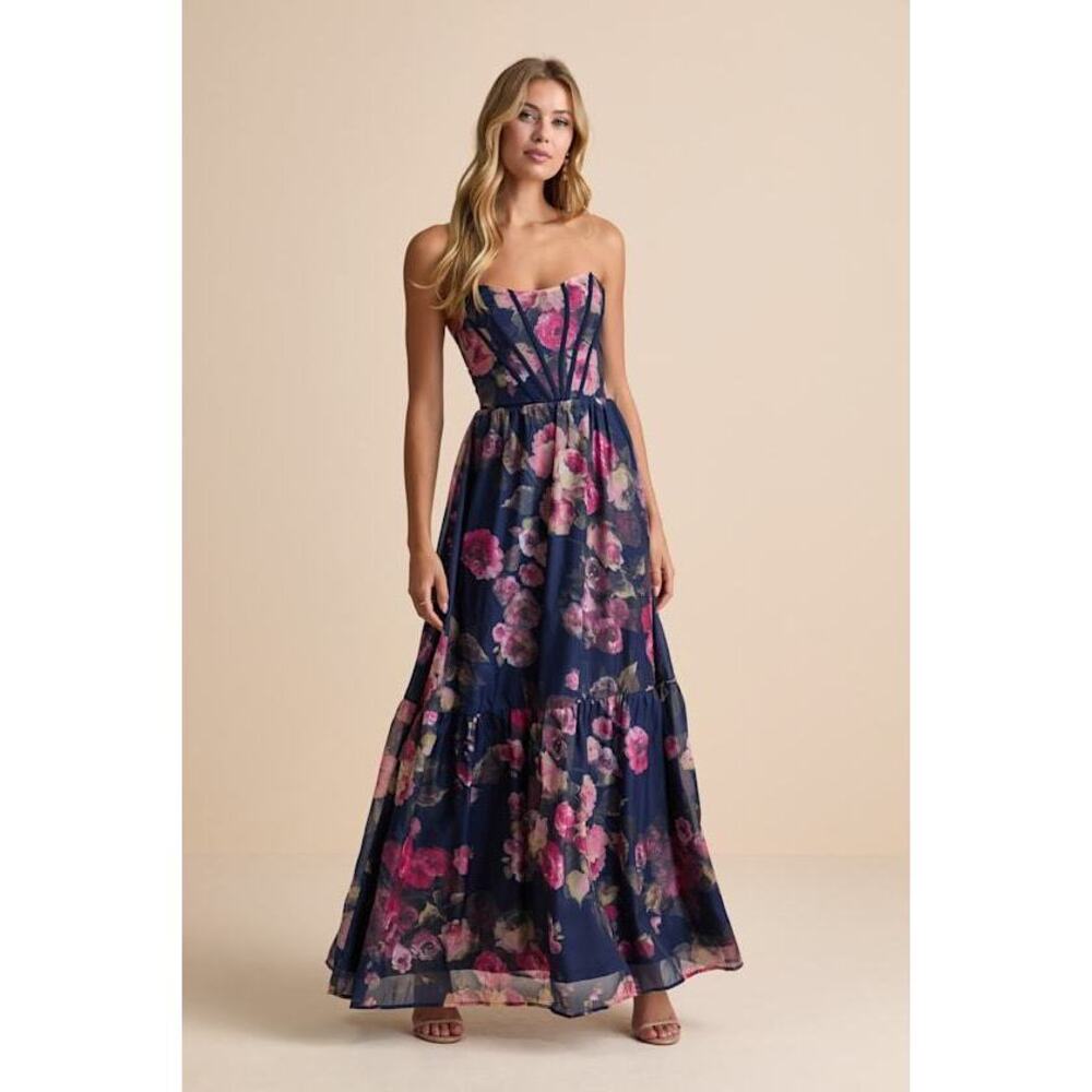 Lulus Roane Navy Floral Organza Bustier Maxi Dress Blue - Size XS
